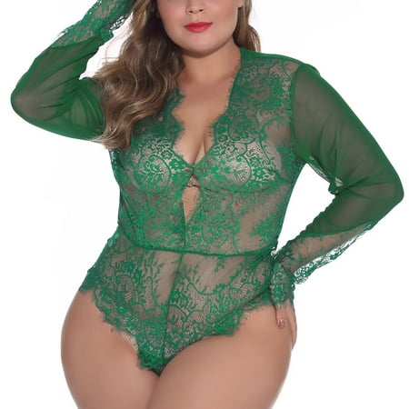 

Womens Long Sleeve One Piece Teddy Lace Lingerie Sleepwear Bodysuit Deep V Neck Babydoll Green 3XL