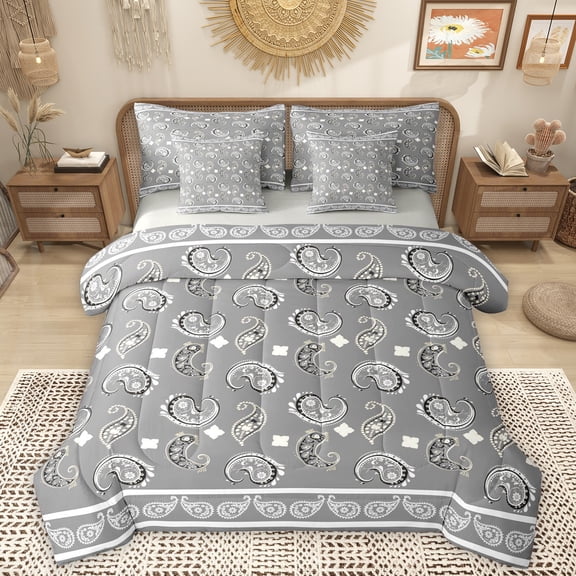 Homewish Paisley Floral 7-Piece Twin Bedding Sets,Vintage Boho Flower Bedding Comforter Set,Gray White Sheet Sets For Adults,Breathable Home Decor Reversible
