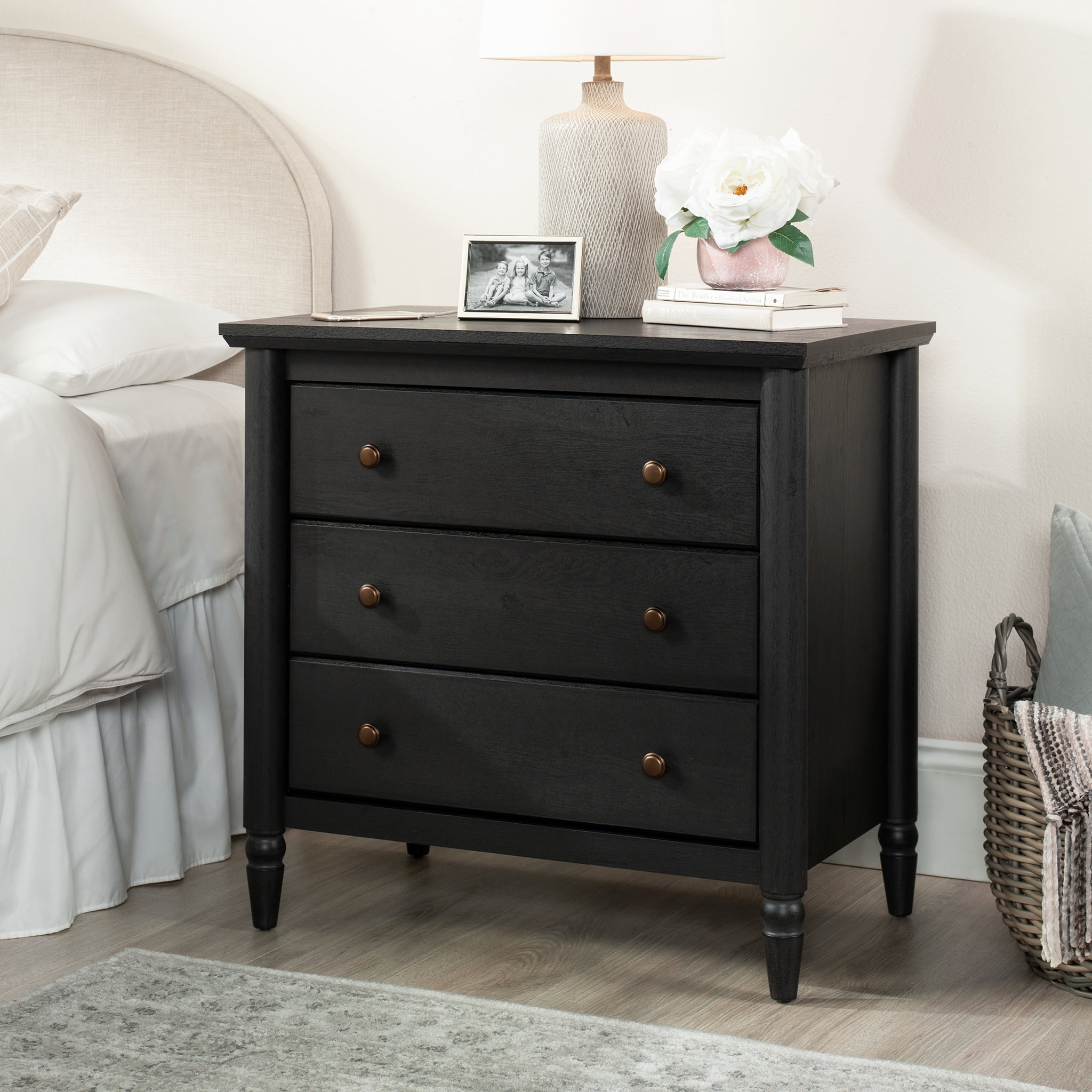 (2 pack) My Texas House Monroe 3 Drawer Nightstand with USB, Raven Black Oak Finish