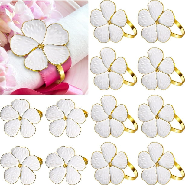 Juego de 12 Uds de servilleteros de flores blancas, soporte de anillo para servilleta dorado de vacaciones, hebillas florales para servilleta para banquete de boda