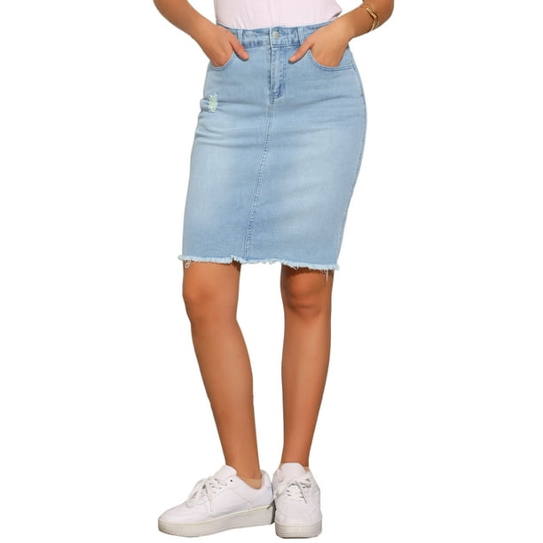 Faldas de mezclilla para mujer INSPIRE CHIC, desgastadas, de cintura alta, con dobladillo rasgado, faldas de jeans lavadas con bolsillos, XS, azul claro