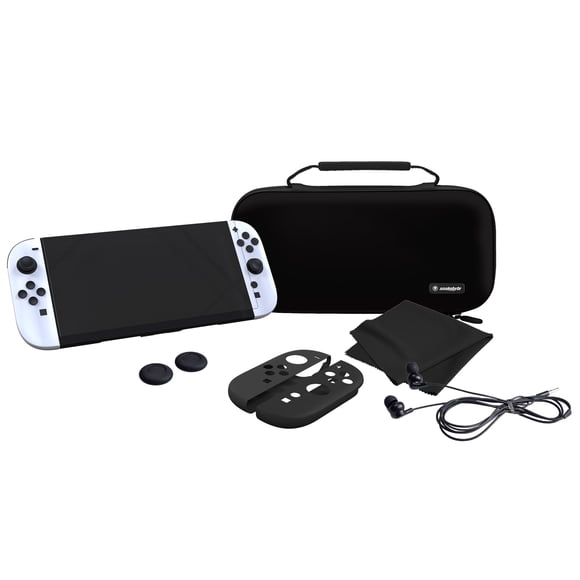 Refurbished Snakebyte Starter Kit Black, Nintendo Switch 2 Accessory Bundle with Carrying Case, Tempered Glass Screen Protector, Silicone Control Caps, In-Ear Headsets, Padded Joy-Con Grips