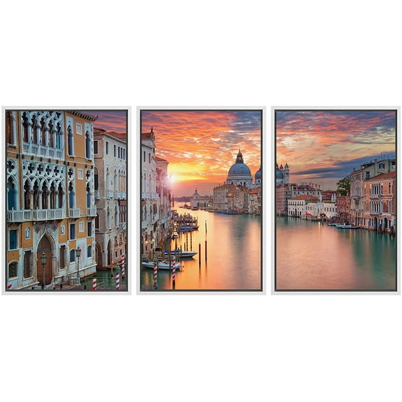 wall26 - 3 Piece Framed Canvas Wall Art - Venice. Image of Grand Canal in Venice, with Santa Maria Della Salute Basilica - Modern Home Art Stretched and Framed Ready to Hang - 24"x36"x3 Whi
