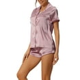 thumbnail image 4 of INSPIRE CHIC Women's Satin Pajama Set Button Short Sleeve Shirt with Shorts 2 Pcs Loungwear Sleepwear XS Light Purple, 4 of 6