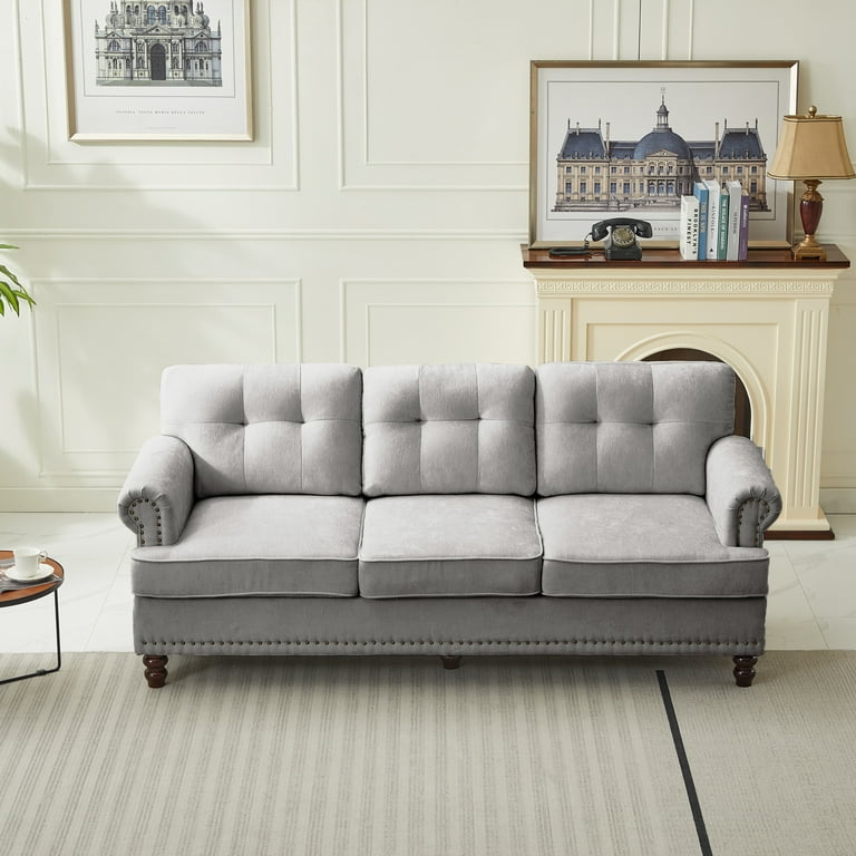 JUSTLET 3 Seater Sofa Chenille Couch with Nailhead Trim and Solid Wood Legs Upholstered Couch with Armrest for Living Room Apartment Office Light Gray Walmart