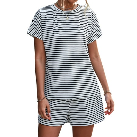 

HUBERY Women Striped Printed Short Sleeve Pocket Drawstring Waist Sleepwear Set