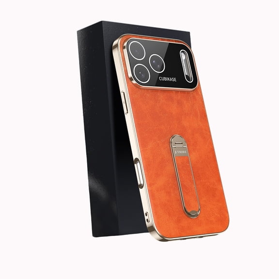 Allytechgroup iPhone 17 Pro Case, Retro PU Leather TPU Back Cover with Stand Bracket Anti-Scratch Drop Protection Cemera Lens Protector Shockproof Phone Case for iPhone 17 Pro, Orange
