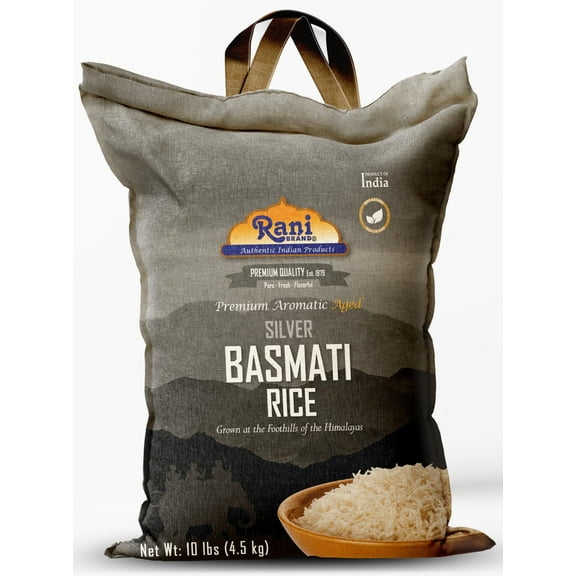 Rani Silver White Basmati Rice Extra Long Aged 10-Pound Bag, 160oz (10lbs) 4.53kg ~ All Natural | Gluten Friendly | Vegan | Indian Origin | Kosher