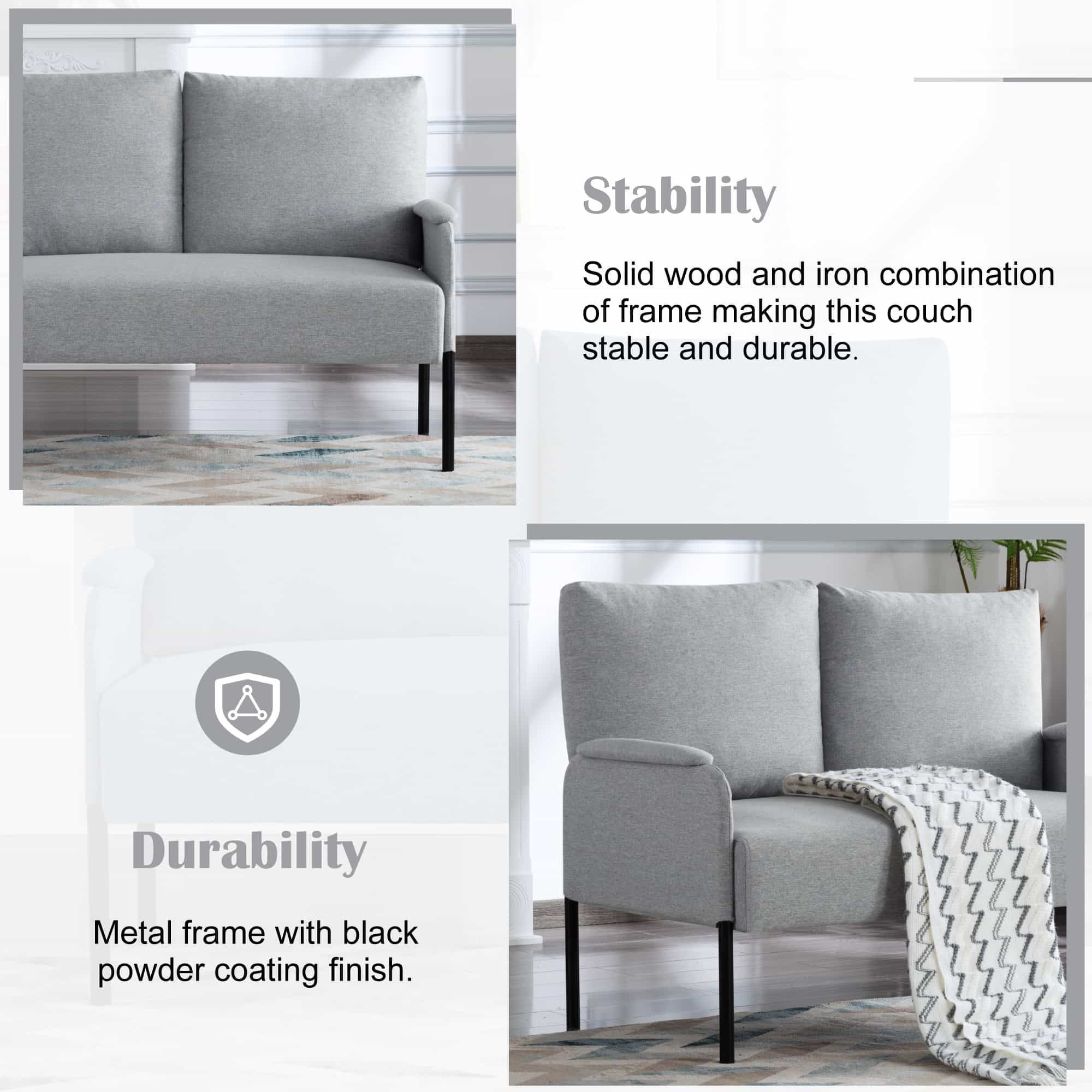 BSHTI Linen Blend Upholstery Loveseat Couch,2 Seating,Metal Frame,High-density Fam Seat Loveseat,Well in Apartments or Rooms with Limited Space(Light Gray)