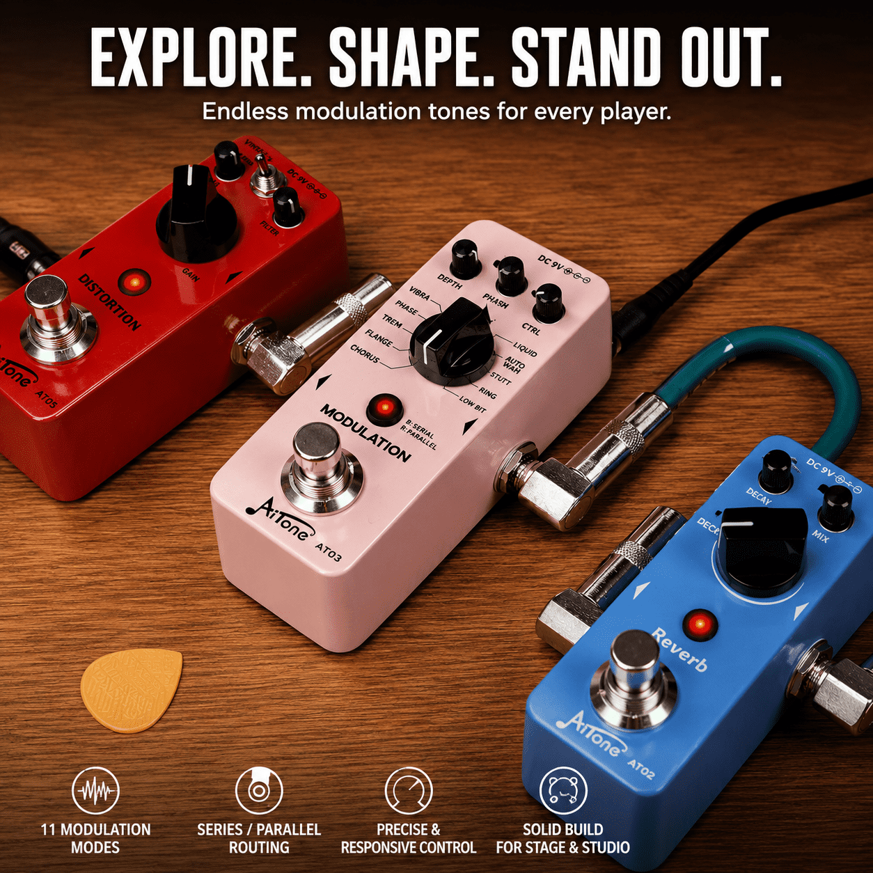 AITONE Modulation Pedal with Chorus Phaser Flanger Tremolo Vibrato Rotary Effects