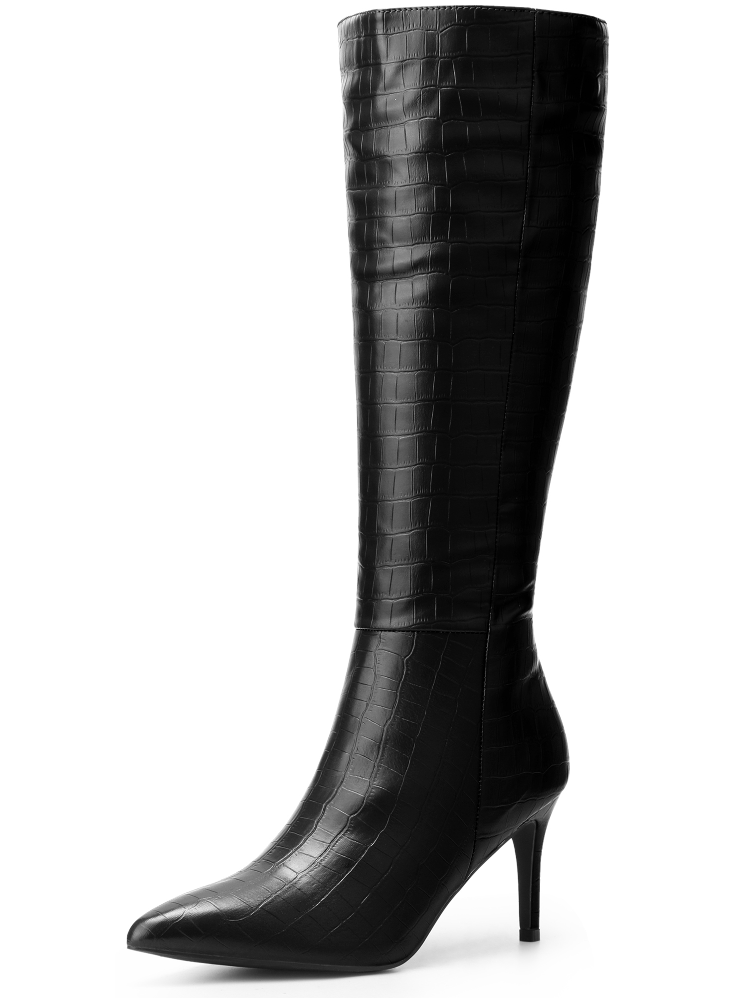 DARING DIVA Women's Stylish Stiletto Heels Knee High Boots with Pointed Toe Black 9.5