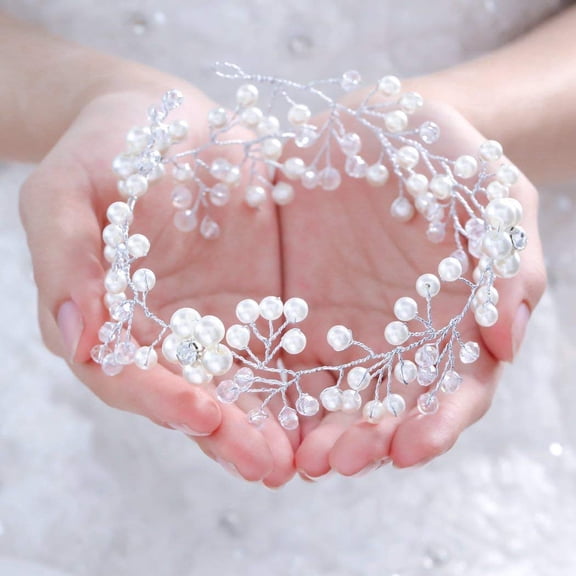 Bride Pearls Hair Vine Silver Crystal Bridal Hair pieces Wedding Headband Hair Accessories for Women and Girls