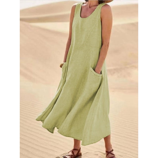 Vestido de verano de algodón y lino para mujer, sin mangas, con cuello redondo y bolsillos