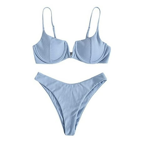 

bangyoudaoo Bikini Set High Cut Push Up Underwire Bra Bathing Suit Blue(Size：M)