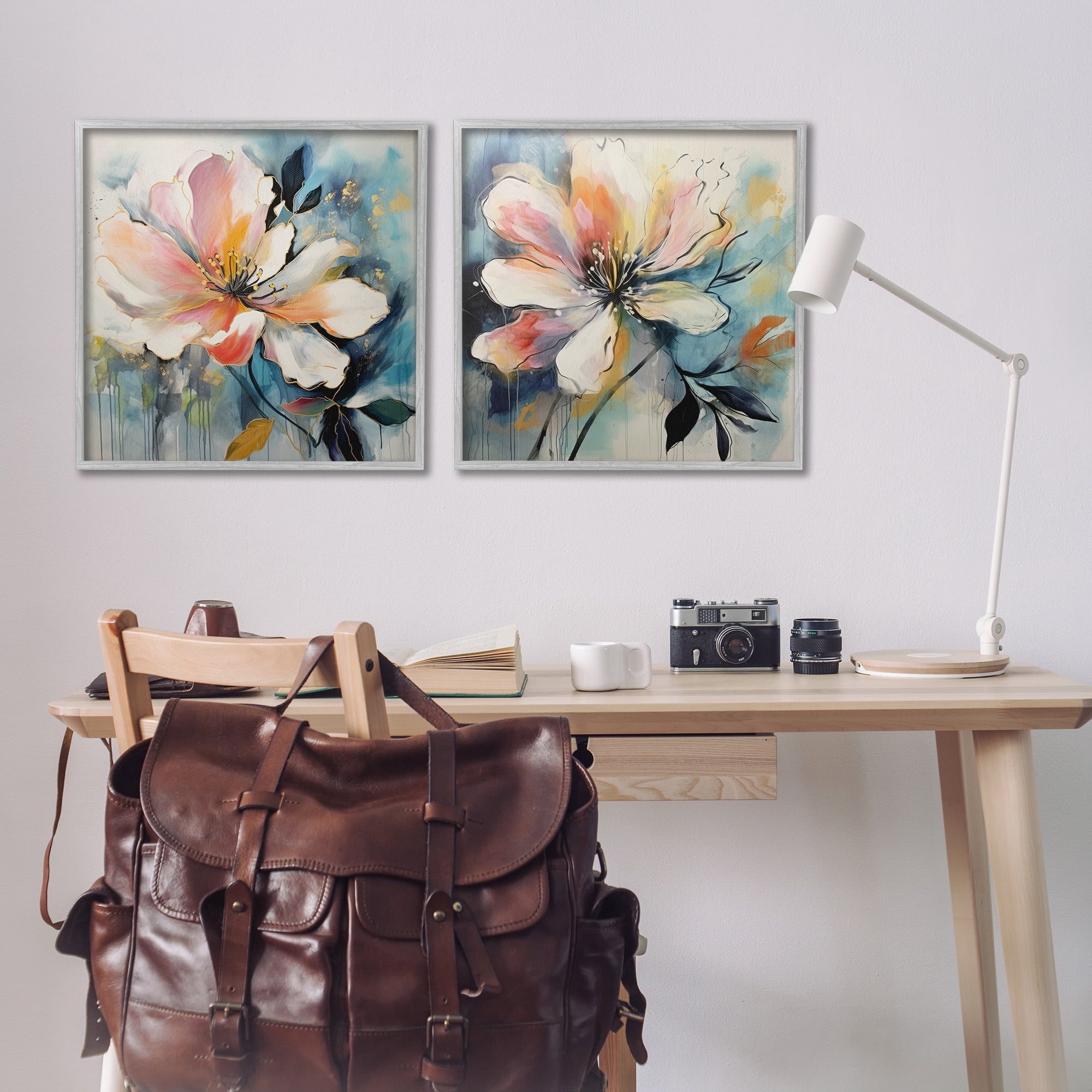 Stupell Industries Modern Dripping Blooms Botanical & Floral Painting Gray Framed Art Print Wall Art, 24 x 24, Set of 2