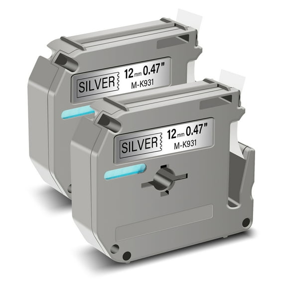 GREENCYCLE 2PK Compatible for Ptouch MK931 M-K931 M931 M-K931S 0.47" 12mm Black on Silver Label Maker Tape