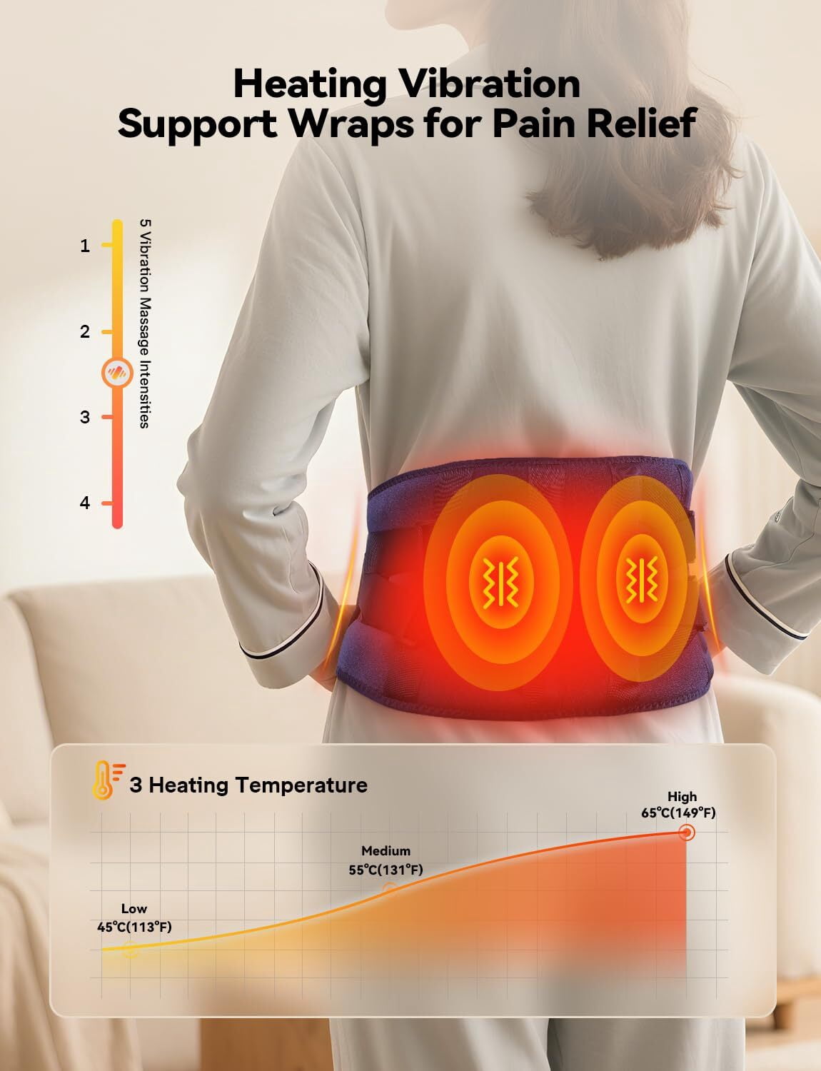 BURRKI Cordless Heating Pad for Back Pain Relief, 47-60" Lower Back Massager with 3 Heat & 3 Timer & 5 Vibration, Heated Back Lumbar Support Belt for Cramps, Gift for Men & Women