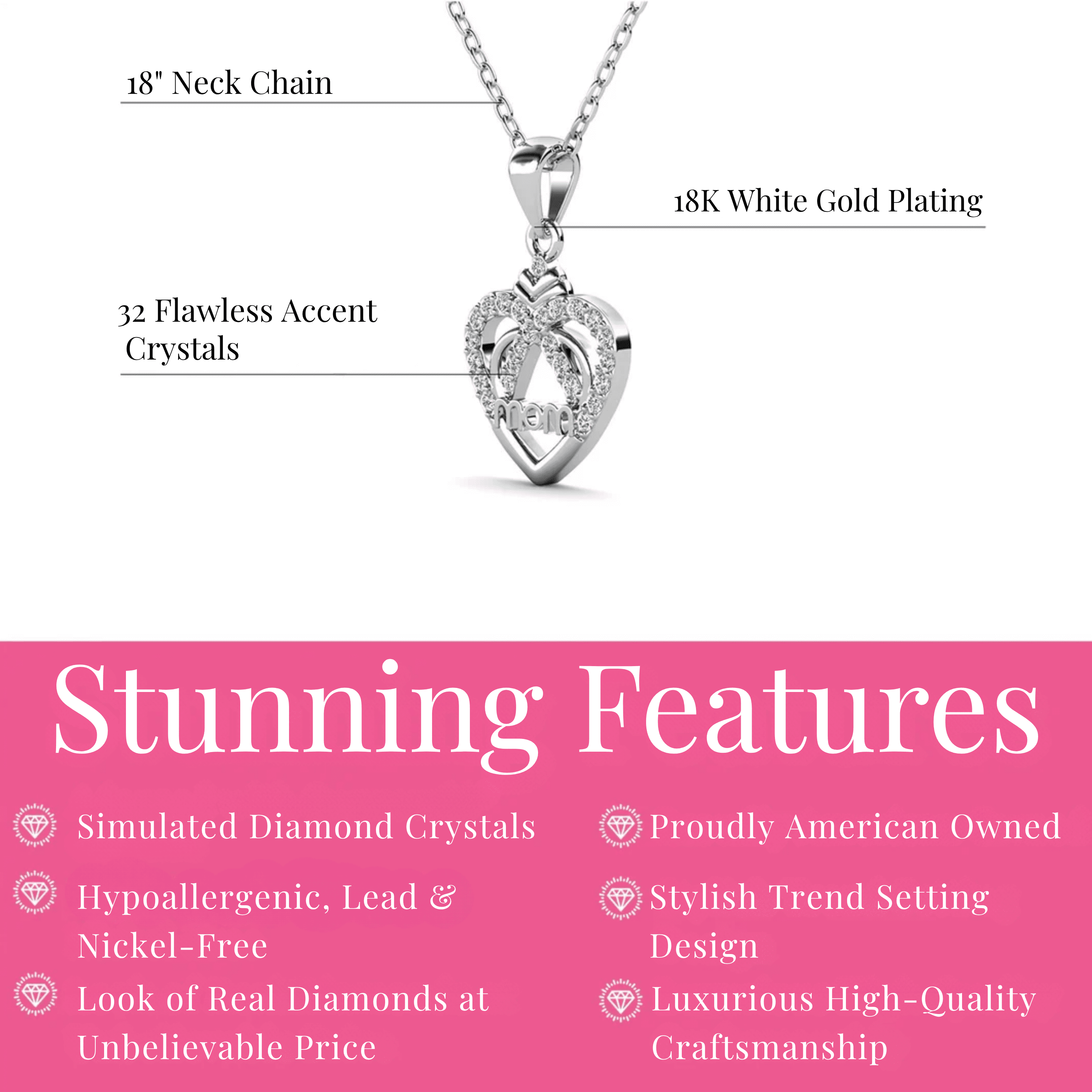 Cate & Chloe Jenna 18k White Gold Plated Mom Heart Necklace with Simulated Diamonds for Women