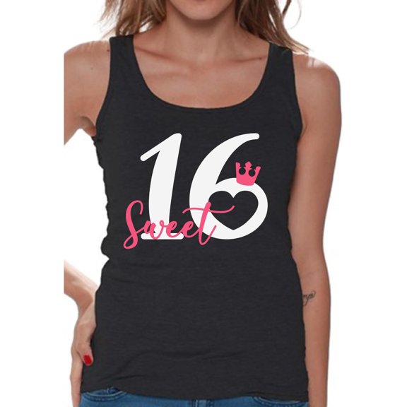 Awkward Styles Sweet 16 Tank Top for Ladies Sweet Sixteen Tanks for Girls Birthday Girl Shirt Birthday Gifts for Teens I am 16 T-Shirt for Her Sweet 16 Party Clothing Pink Prints Teen Party