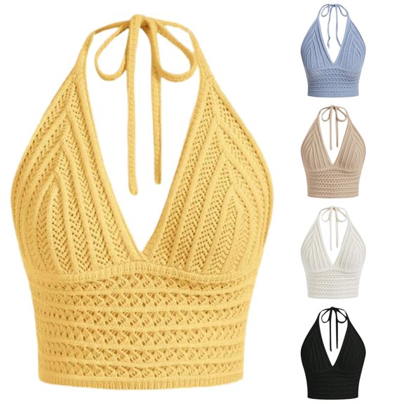 Gunia Womens Tank Tops Summer V Neck Hollow Knit Camisole Sleeveless Beach Boho Casual Stretchy Comfortable Breathable Womens Camisole Yellow