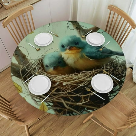 

BCIIG Birds Nest Tree Branch Round Table Cover Stain Resistant Washable Indoor Outdoor Tablecloth Kitchen Dining Wedding Parties Outdoor Fitted 100% Polyester Fiber 31-35