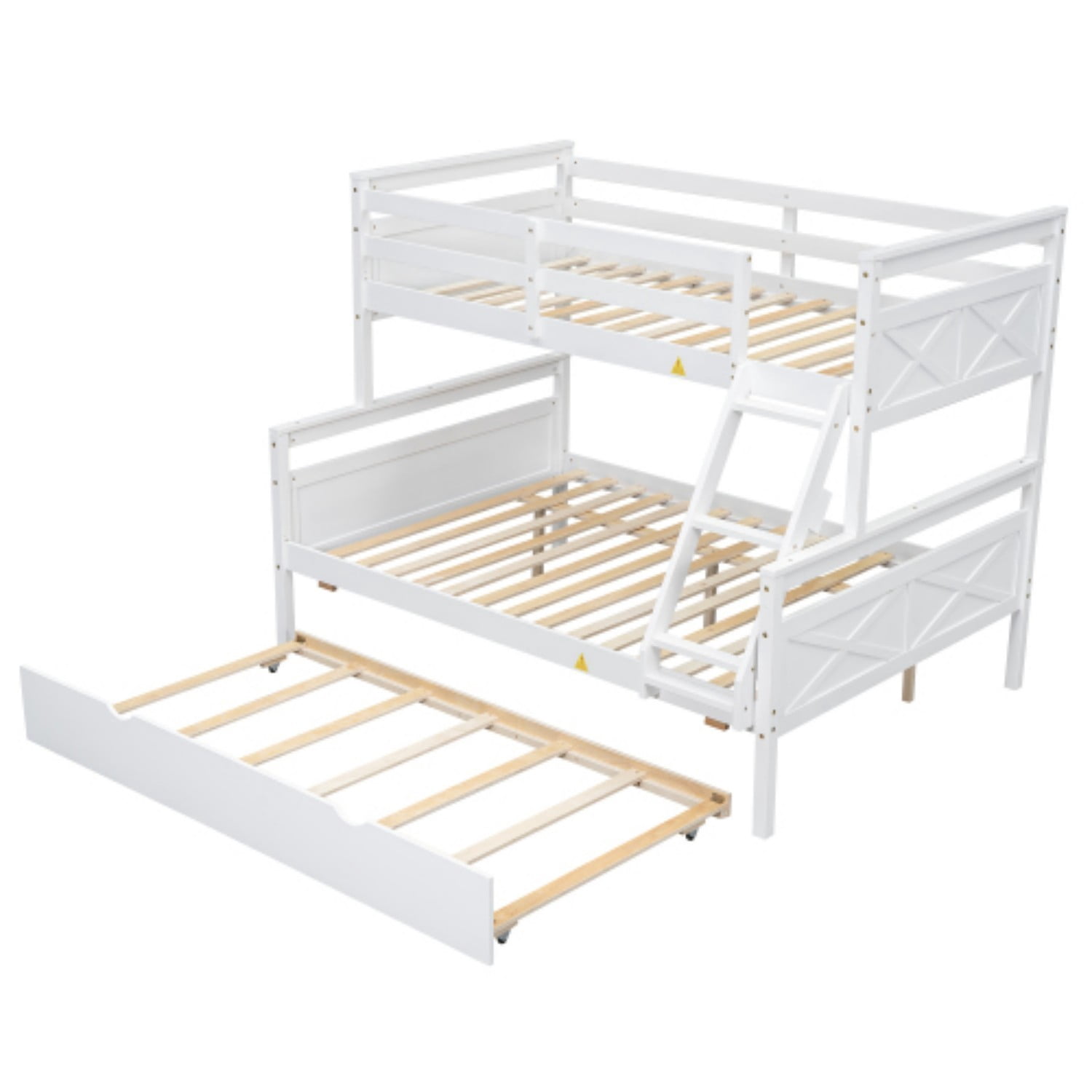 Twin Over Full Bunk Bed with Twin Trundle, Convertible Wood Bunk Bed with Ladder and Safety Guardrails, Twin Full Bed Frame for Kids Bedroom, White