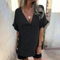 thumbnail image 2 of Women's V-Neck Tunic Top - Short Sleeve Side Button Shirt, Cotton Linen Blend Breathable Blouse, Solid Color Comfort Fit Boho Chic 2025 Summer, 2 of 9