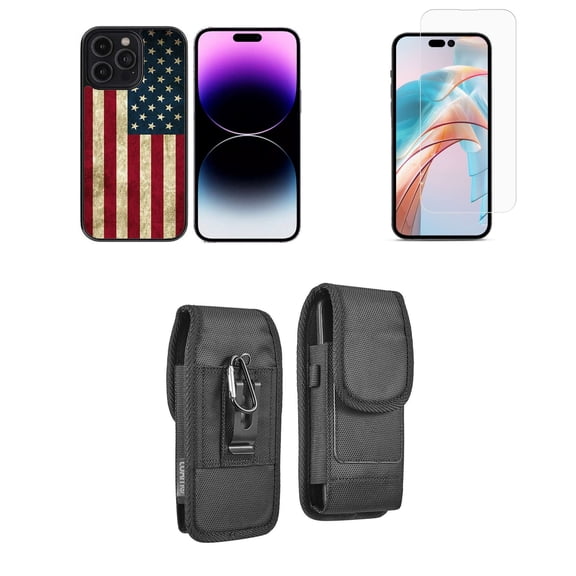 Bemz Phone Case for iPhone 15 Pro Bundle with Shockproof Anti-Scratch UV Print Protection TPU Cover, Glass Screen Protector, Vertical Rugged Nylon Belt Holster Pouch (Rustic American Flag)