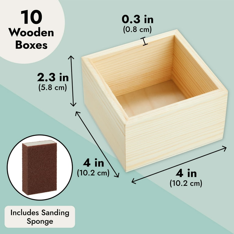 Bright Creations 10 Unfinished Small Wooden Boxes for Crafts with 1 Sanding Sponge (4 in, 11 Pieces)