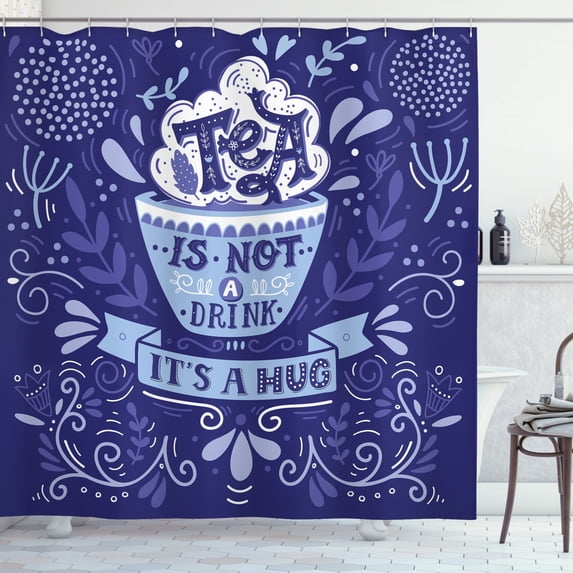 Hug Shower Curtain, Purple Tones Graphic of Tea is not a Drink It's a Hug Words Floral Ornate and Cup, Fabric Bathroom Set with Hooks, 69W X 70L Inches, Multicolor, by Ambesonne