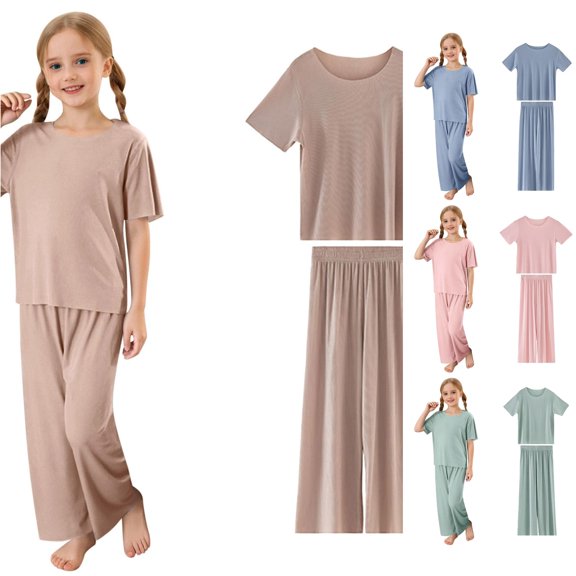 WAYUTE Pajamas for Girls Summer Ice Silk Ribbed Round Neck Short Sleeve Basic Top and Pants Home Outfit for Toddler and Kids Solid Pajama Set Casual Indoor,Khaki,Size 6 Y-7 Y