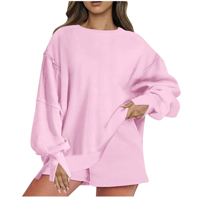 MeetoTime Ensemble Deux Pièces Automne pour Femmes Chandail en Molleton à Col Rond et Shorts Surdimensionnés