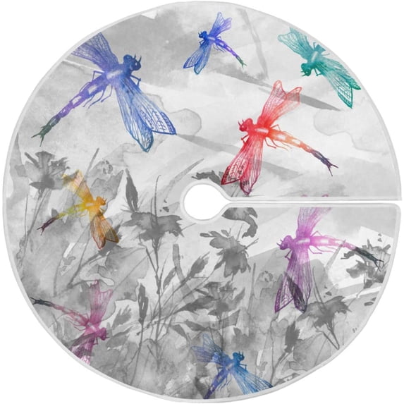 FMSHPON Ink Flower Dragonfly Xmas Christmas Tree Skirt Stand Mat for Holiday Party Decoration Indoor Outdoor 36 inches
