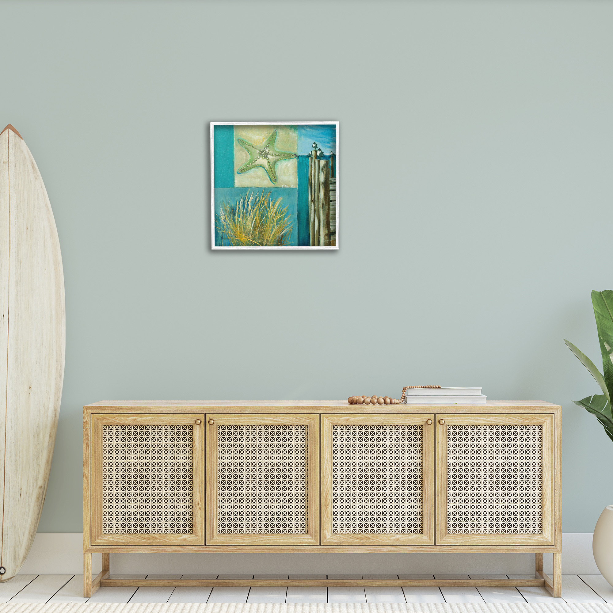 Stupell Industries Modern Beach Dock Collage Landscape Painting White Framed Art Print Wall Art, 24 x 24