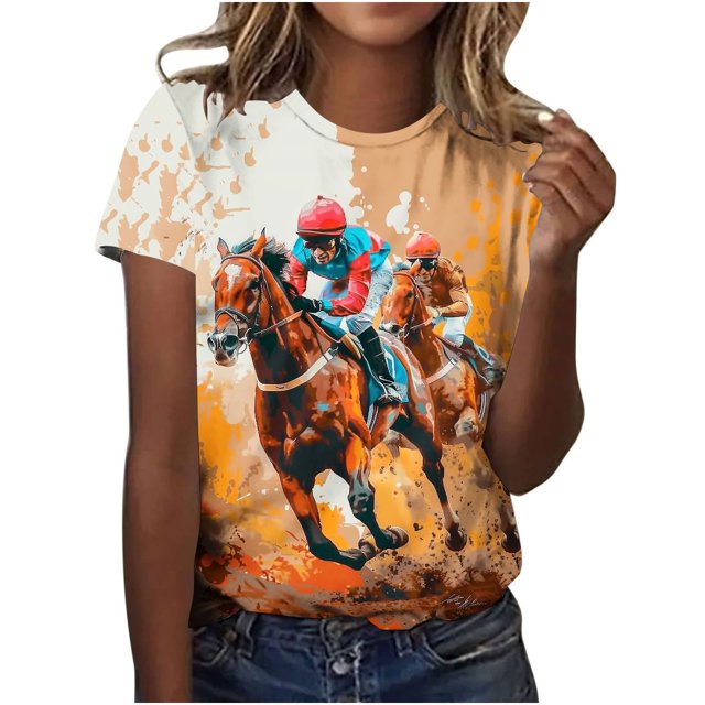 Womens Horse Racing T-Shirts Plus Size Vintage Retro Graphic Tees Loose Fit Funny Pullover Tops, XL