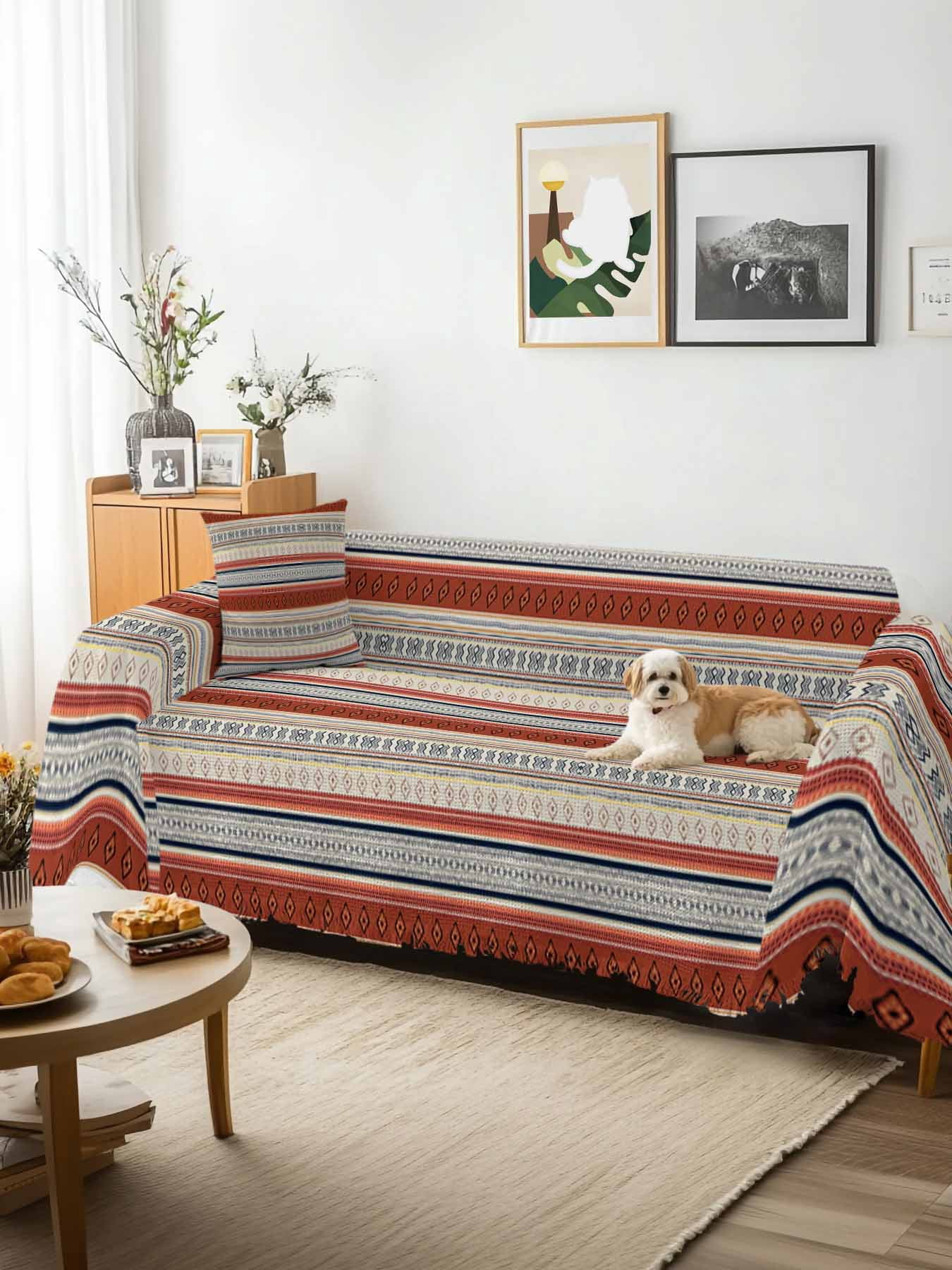 Brown Ethnic Boho Sofa Cover Blanket Couch Covers for Armchair Cushion,Couch Sofa Silpcover with Tassel,Living Room Bedroom Throw Towel Blanket Covers Modern Stripes Geometric Abstract S 71"x91"