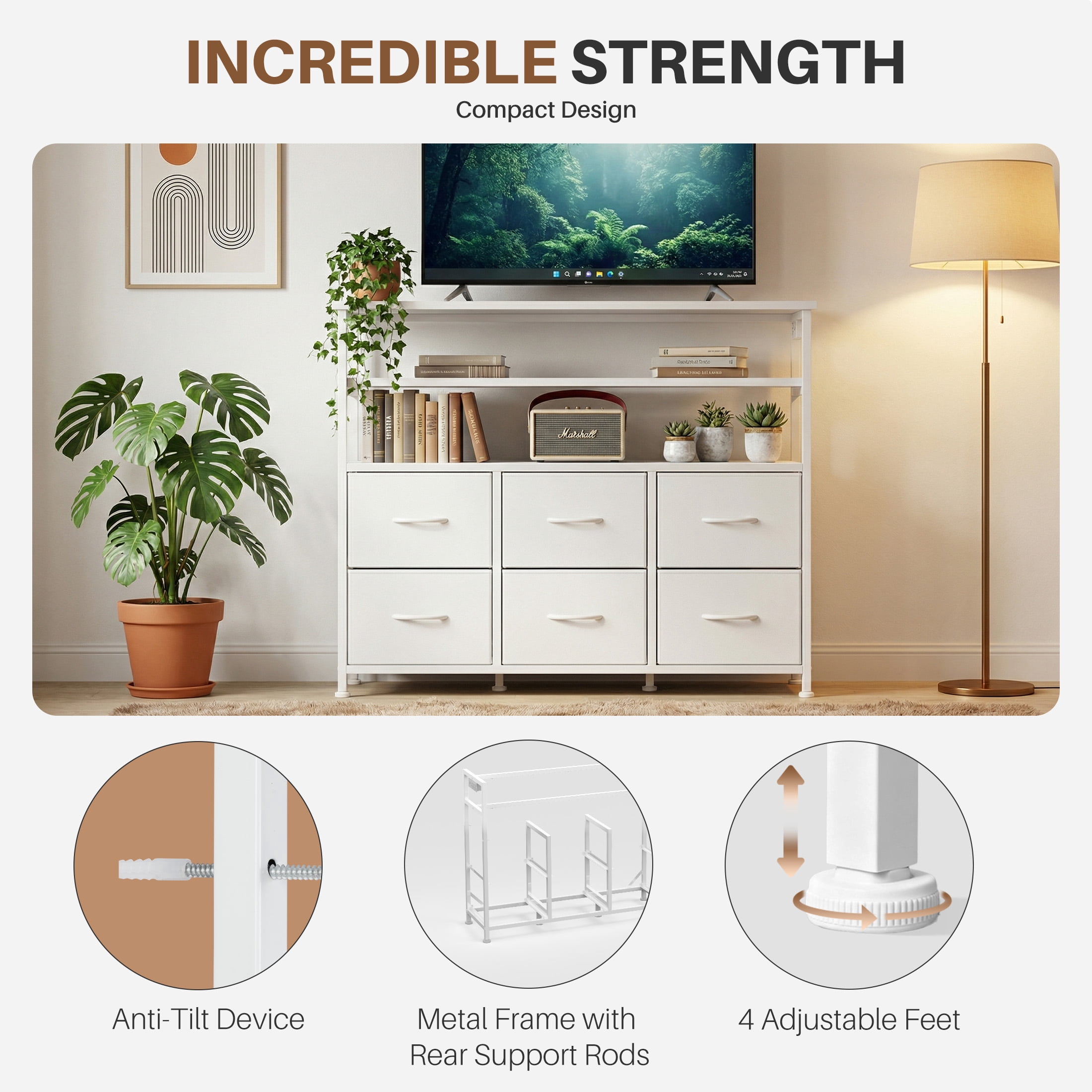 EDX 6-Drawer Fabric Dresser with Power Outlets and LED Light, Storage Organizer and TV Stand for Bedroom, Living Room, Hallway, White