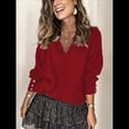 thumbnail image 3 of Suéteres de Otoño con Cuello en V y Encaje para Mujer, Suéteres Holgados de Punto de Larga y Ligeros A , Tops Tipo Jersey Vino Tinto M, 3 of 5
