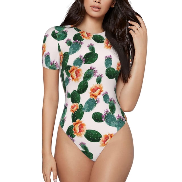 Kdxio Cactus Imprimé Justaucorps à Manches Courtes pour Femmes Col Rond Modal Doux Confortable Ajusté Aguichant Haut-Petit