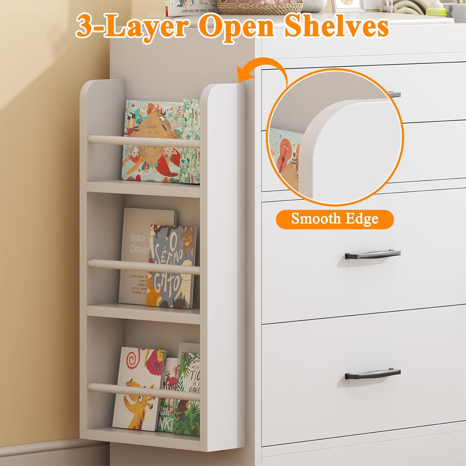 Winkalon Changing Table Dresser, Baby Nursery Dresser with 4 Drawers & 1 Cabinet & 3 Open Shelves Storage, Modern Diaper Changing Station for Children's Room, Changing Pad Included, White