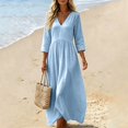 thumbnail image 5 of Womens 3/4 Sleeve Tunic Dress, Casual Loose Fit Pleated Long Gown, Elegant A-Line Work Office Beach Vacation Swing Dress, S-2XL, 5 of 5