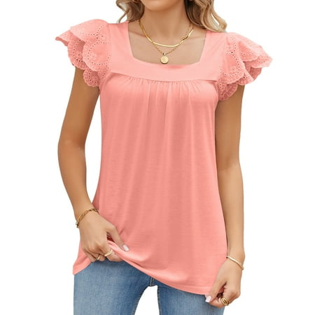 Womens Summer Tops Square Neck Lace Short Sleeve Babydoll Shirts Dressy Casual Pleated Flowy Blouses-M