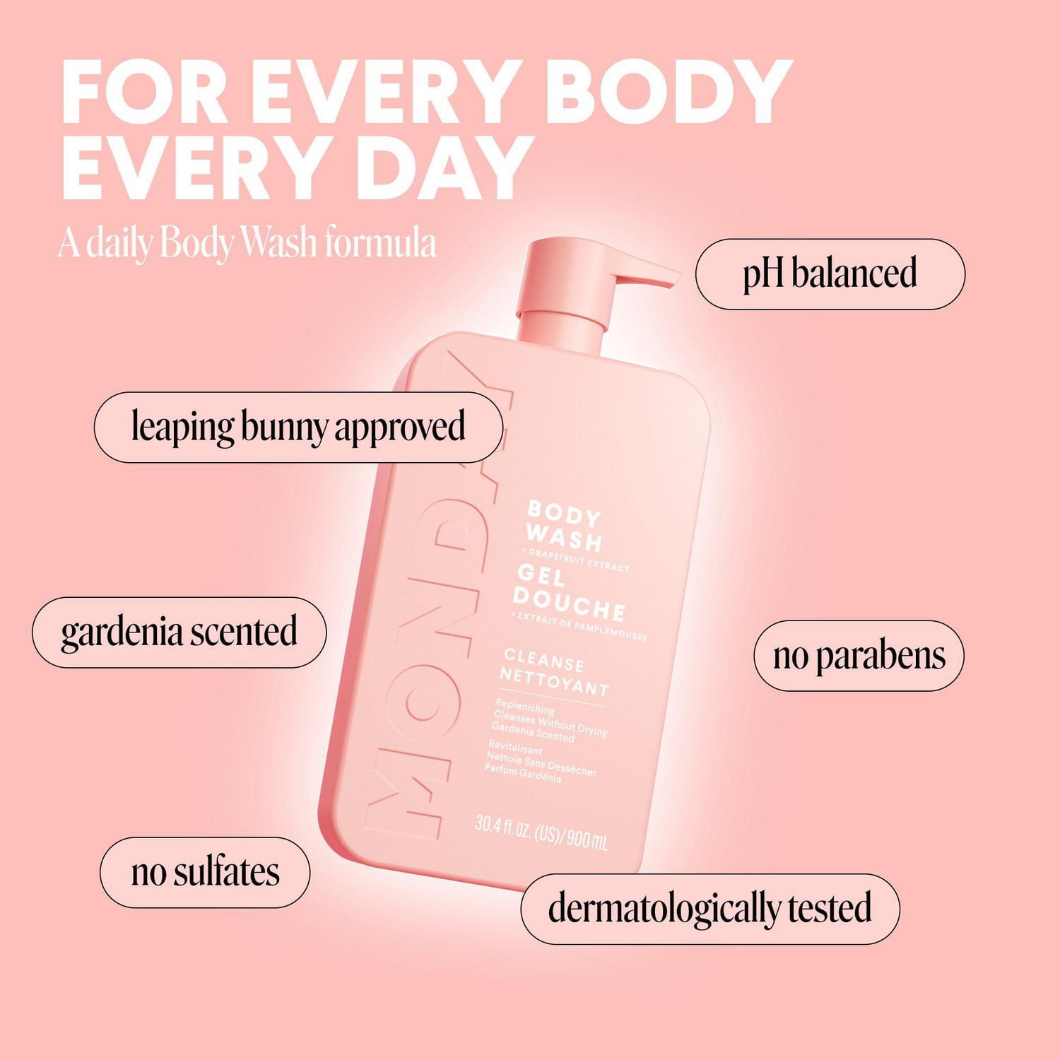 MONDAY Haircare CLEANSE Body Wash with Grapefruit Extract, Hyaluronic Acid, Shea Butter, Coconut Oil for Normal to Oily/Combination Skin 900 mL, Body Wash
