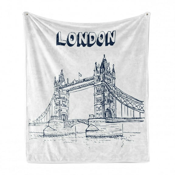 London Soft Flannel Fleece Throw Blanket, Tower Bridge in London British Architecture International Culture Illustration, Cozy Plush for Indoor and Outdoor Use, 70" x 90", Black White, by Ambesonne