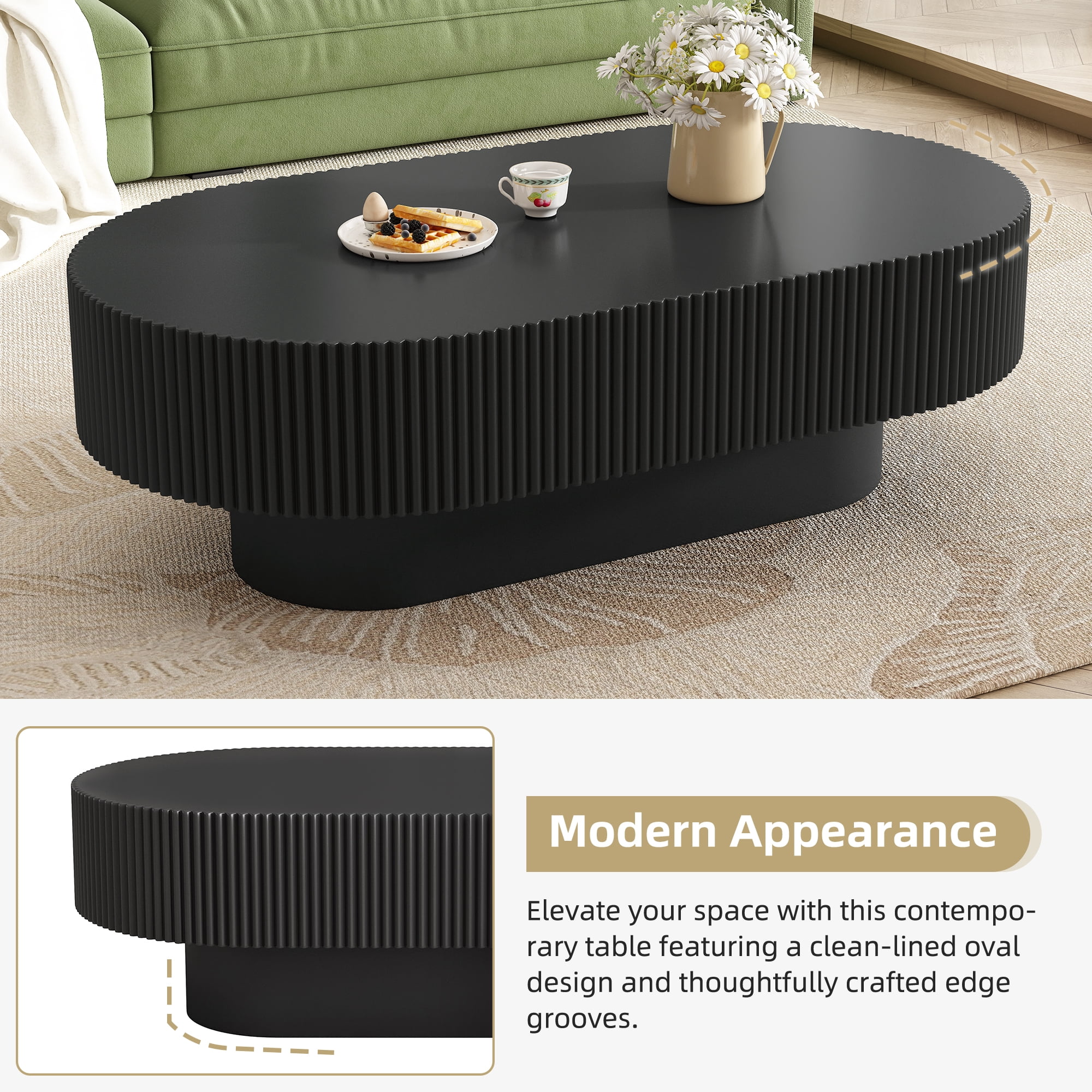 Harper & Bright Designs Wood Fluted Coffee Table, Modern Drum End Table, Oval Center Table with Sturdy Base for Living Room, Black