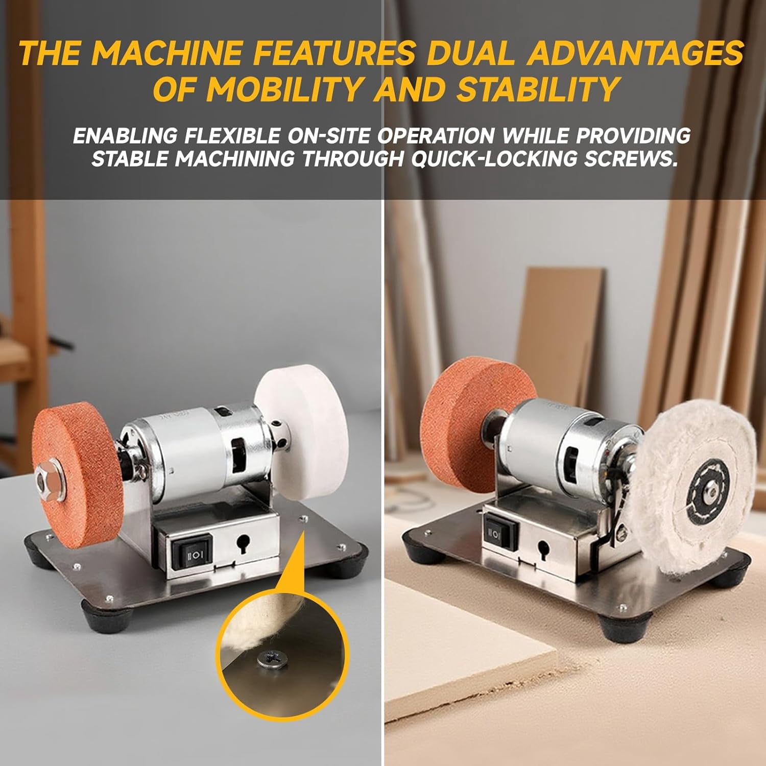 Mini Bench Grinder with 3 Wheels, Electric Multi-Purpose Grinding Machine for Metal, Wood, Knife Making, Jewelry Buffing, 6.3 x 3.5 inch Base