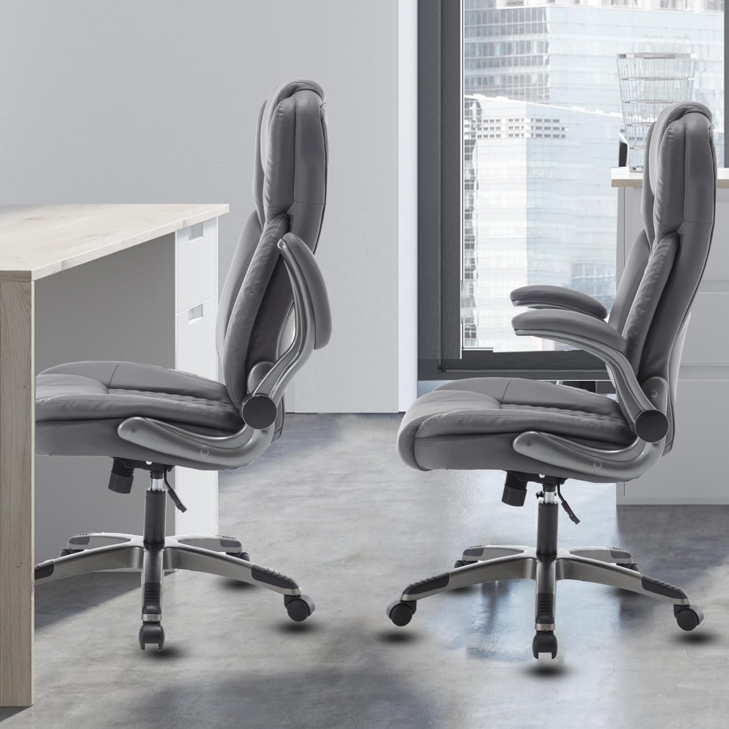 Executive Office Chair with Flip up Arms, Ergonomic PU Leather Office Chairs with Wheels, 90-120° Rocking High Back Office Desk Chair with Lumbar Support, Swivel Task Chairs(Grey)