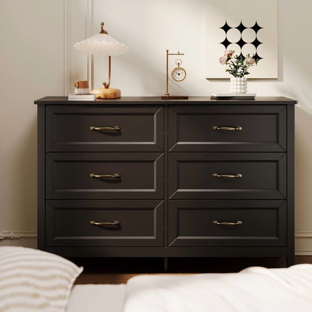 Aiho Farmhouse Dresser for Bedroom, 47.2" Wide 6 Drawer Dresser Storage Organizer, Wood Chest of Drawers for Bedroom, TV Stand for 50 inch TV, for Living Room, Hallway - Black