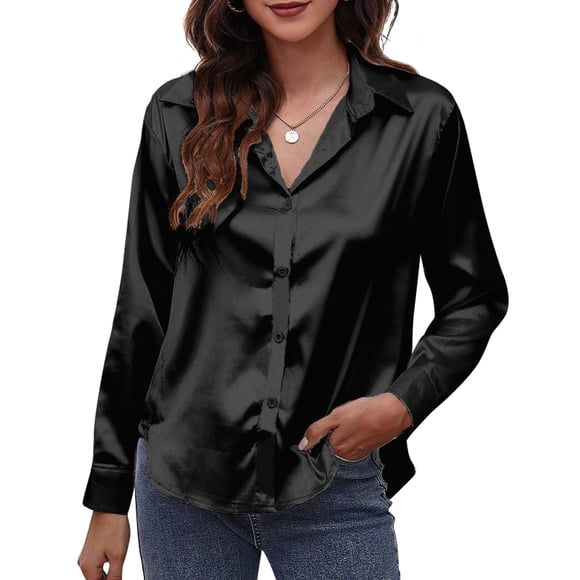 Camisa de satén sólido para mujer Camisas casuales con botones de manga larga Tomshoo  Extragrande