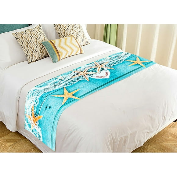 HATIART Turquoise Fishing Net Starfish Rustic Wooden Boards Bed Runner Bedding Scarf Bed Decoration 20x95 inch